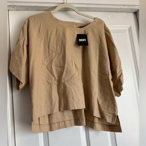 New DKNY XL Extra Large Solid Beige Tan Linen Rayon High Low Shirt Top P2RAMFYG
